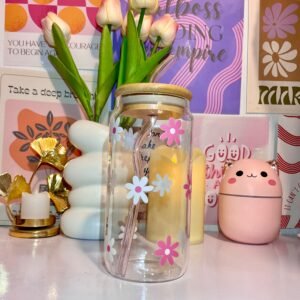 Pink & White Floral Glass Tumbler 550ml
