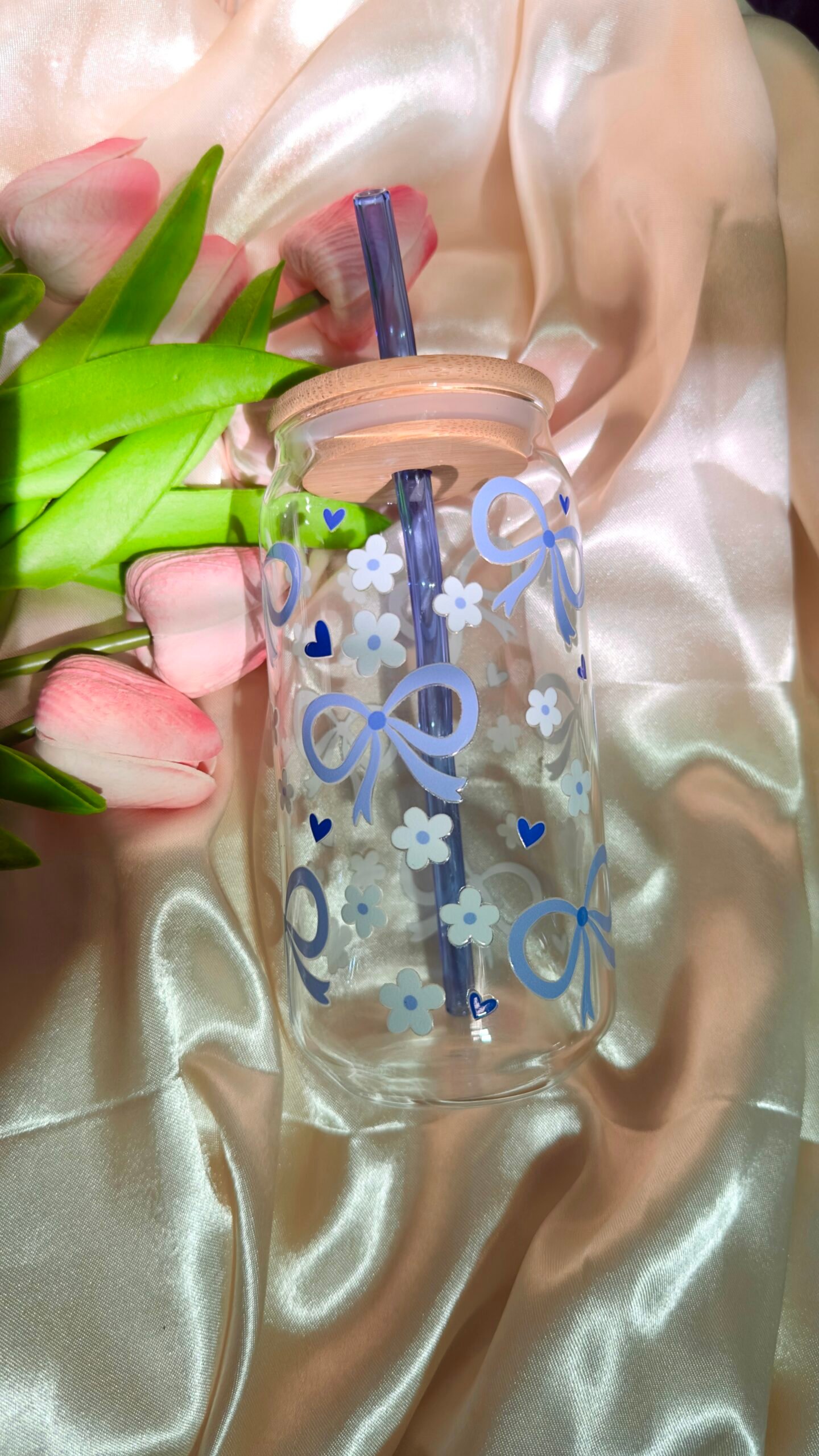 Blue Coquette Bow Glass Tumbler