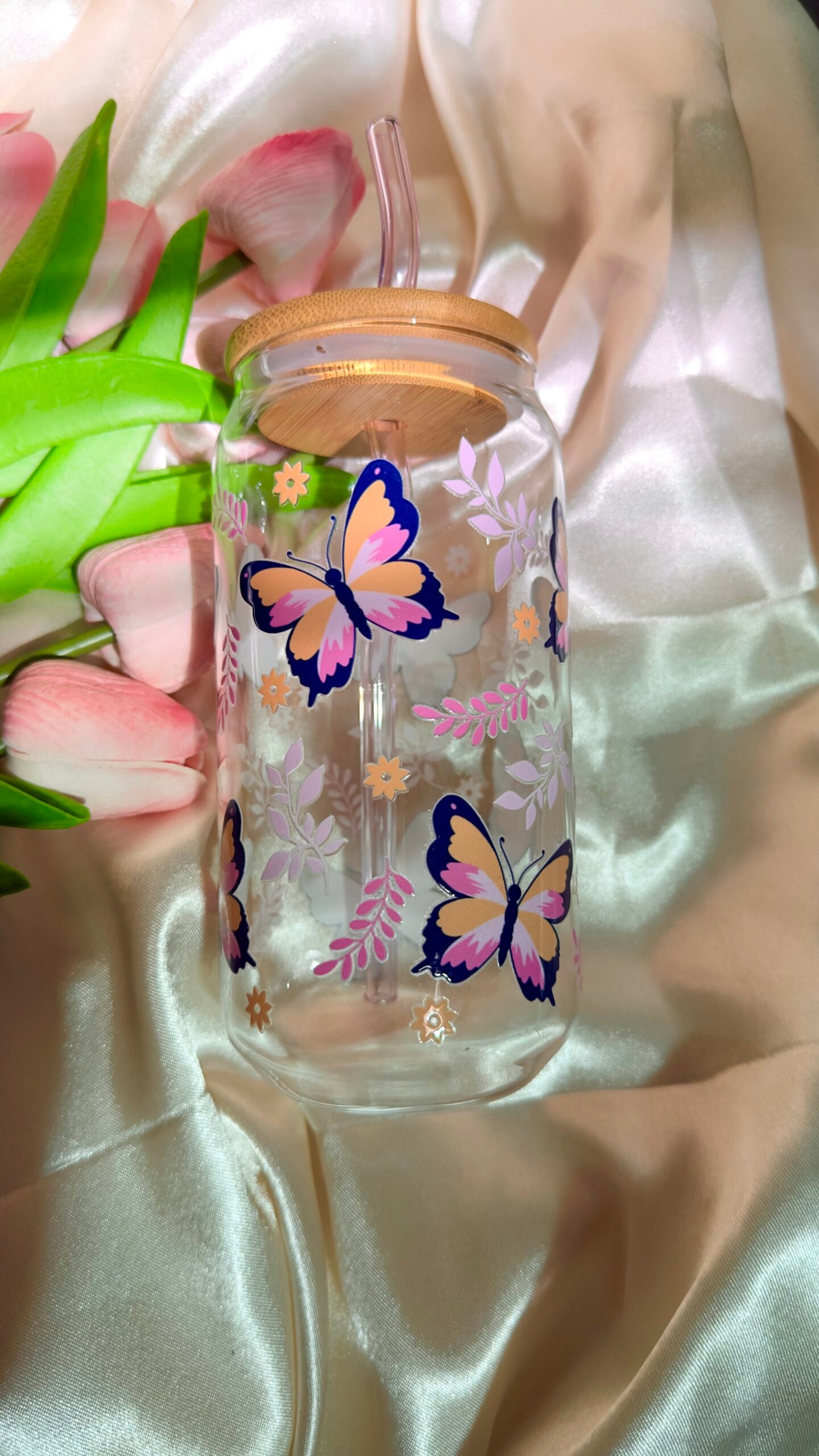 Pink Butterfly Glass Tumbler